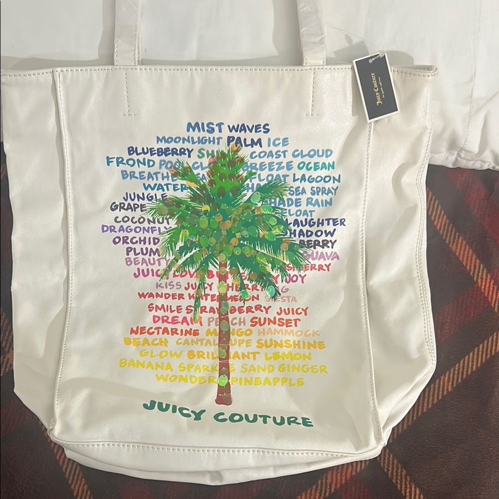 Juicy Couture White Tote Bag with Colorful Palm Tree Design